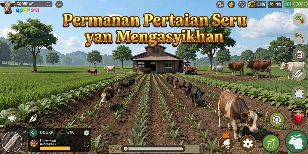 Screenshot gameplay QQRP menampilkan aktivitas bercocok tanam yang seru dan interaksi dengan pemain lain.