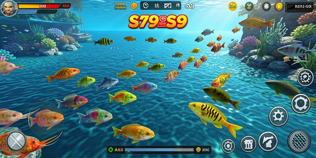 Tampilan gameplay seru dalam S9S9 saat menembak ikan.